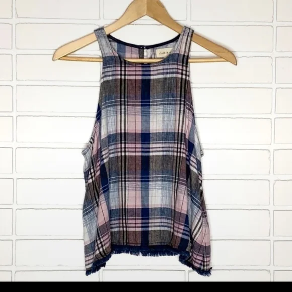 NWT Cloth & Stone sz XS/S Blue & Pink Plaid Linen Blend Swing Tank - Picture 4 of 12